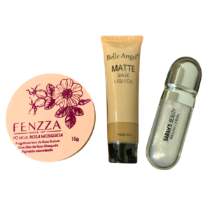 Kit Maquiagem Base Pó Rosa Mosqueta E Gloss Sarahs Beauty